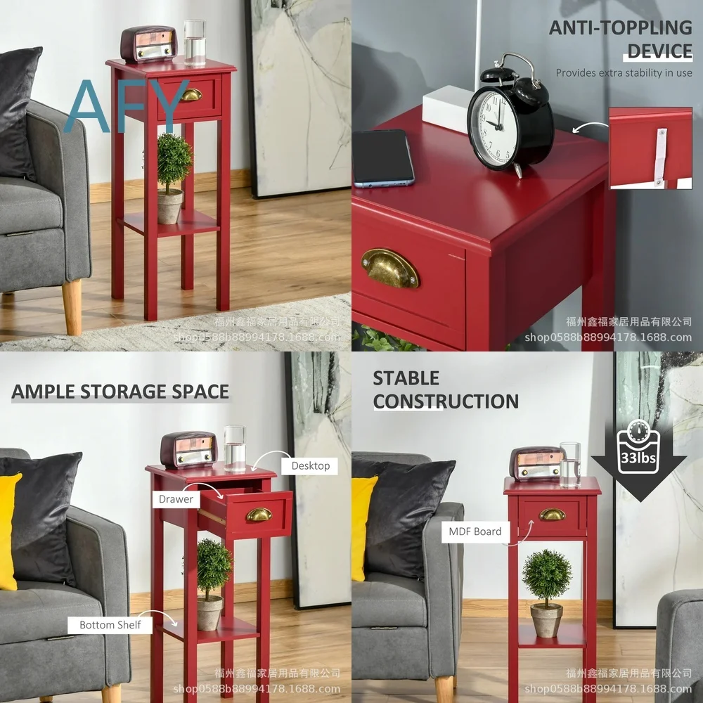 2 Layer Bedside Table with Drawers and Bottom Shelf Narrow Side Table for Living Room Bedroom Small Space Home Office Storage