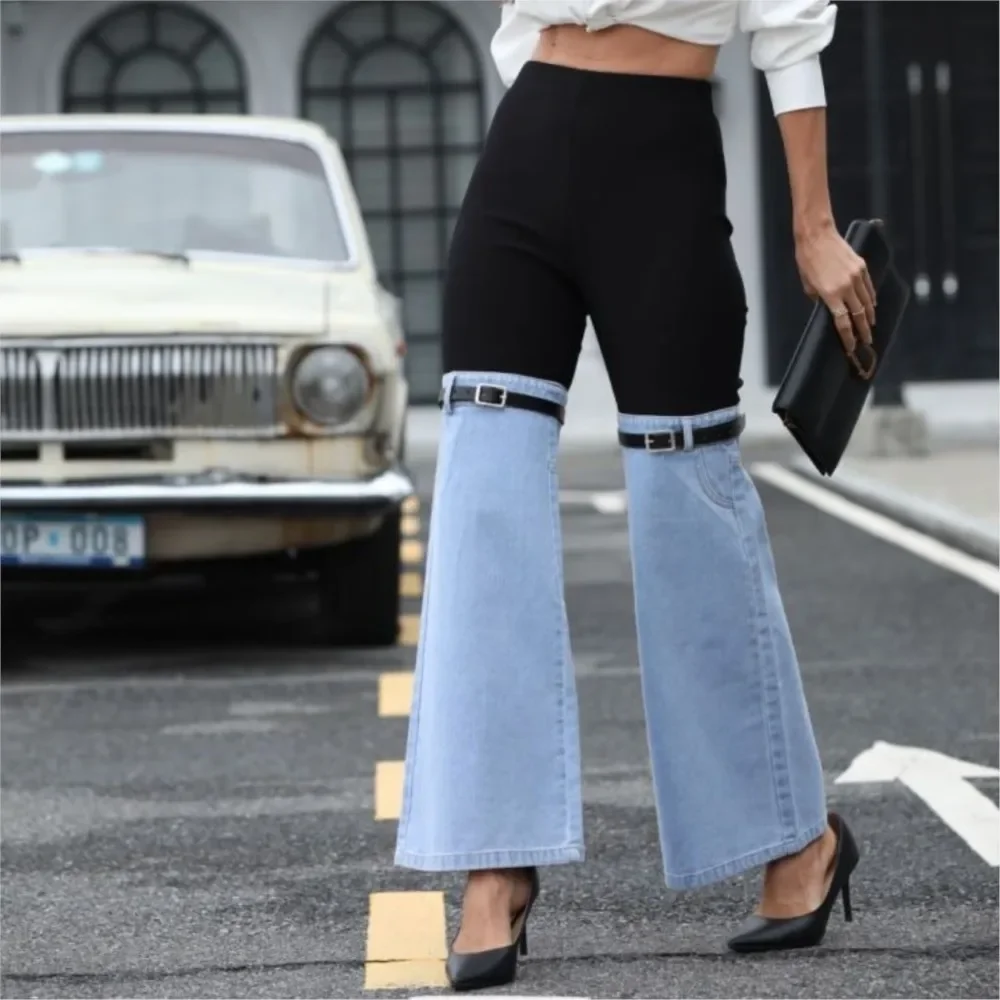 CPSYMYM Women's Fashion Slim Denim Patchwork Elastic Waist Wide Leg Pants Spring And Autumn Casual All-in-one Pants Ladies Stree
