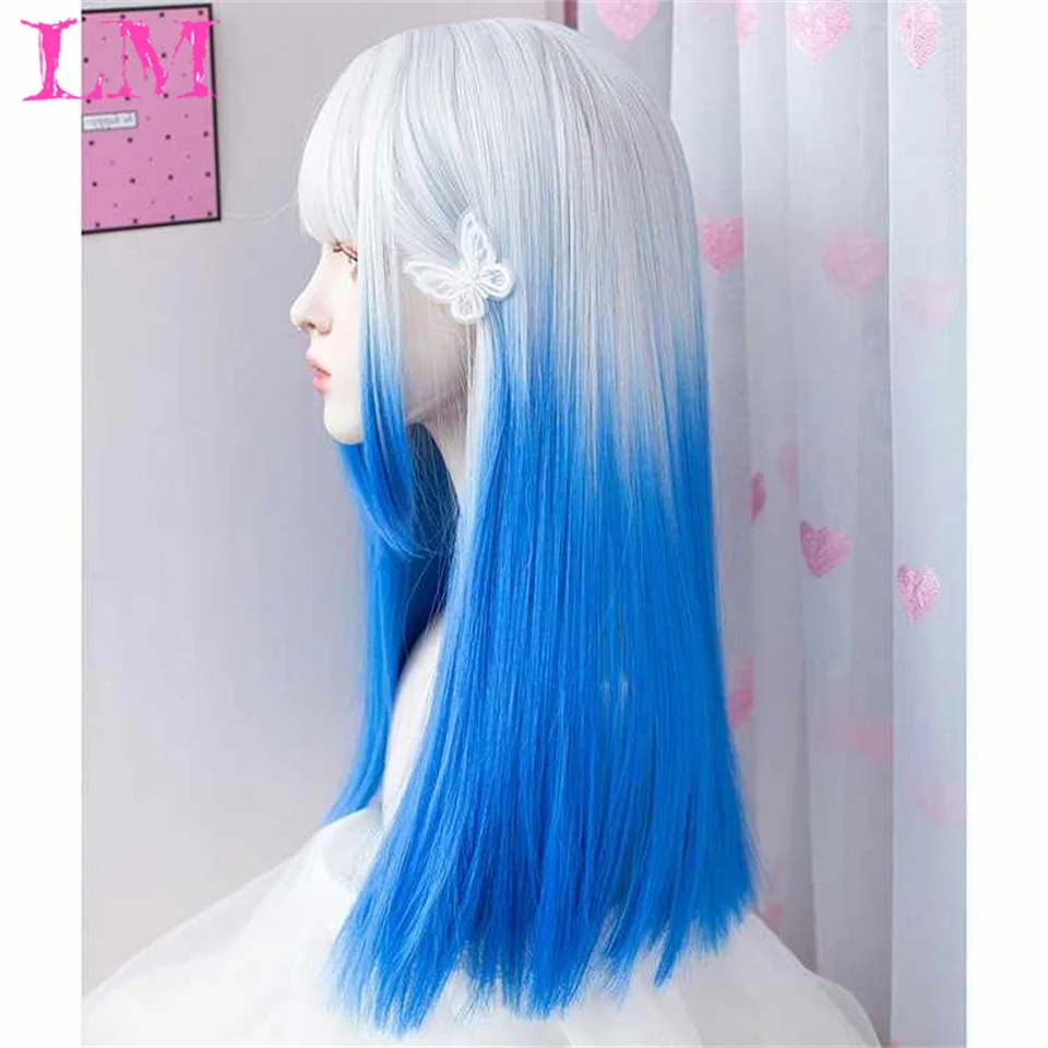 LM Sea Blue Color Synthetic Wigs With Bangs Long Natural Wavy Hair Wig For Women Cosplay Drag Queen Party Heat Resistant