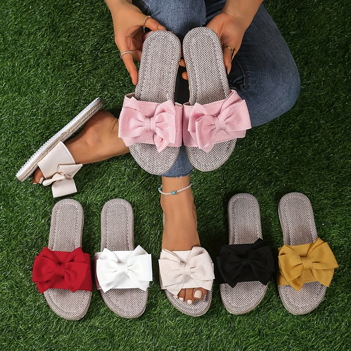 

New Women Slippers Casual Solid Color Bow knot Platform Flat Shoes Fashion Braided Straps Outdoor Walking Sandals Slides Women