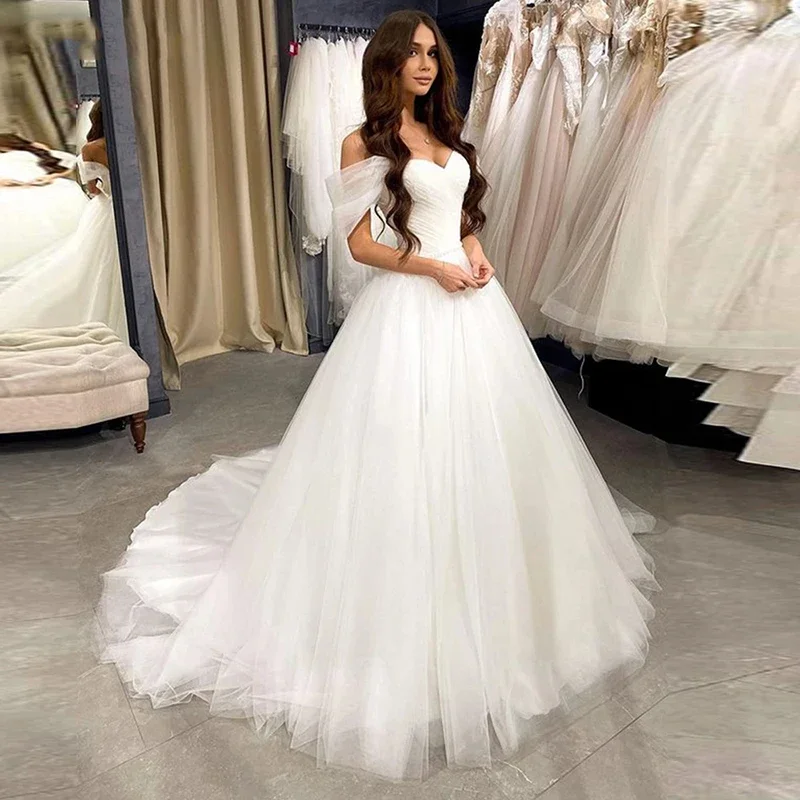 

Ball Gown Tulle Wedding Dresses Sweetheart Beaded Robe De Mariée Off The Shoulder Sweep Train Bride Gowns Custom Made