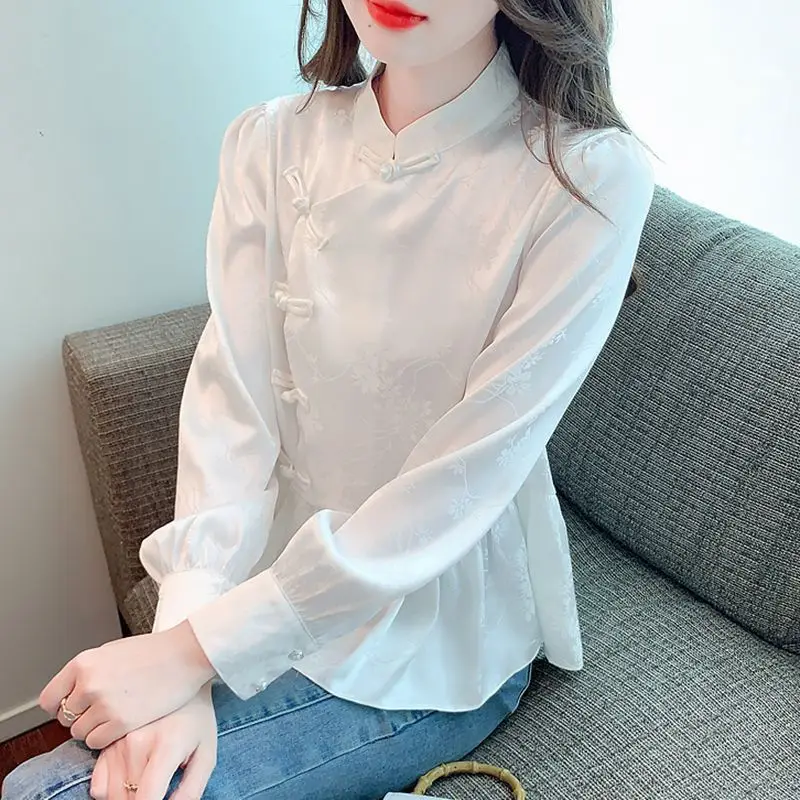 Pan Buttoned Long Sleeved New Chinese Style Chiffon Shirt for Women Covering the Stomach to Show Off Weight Chinese Style Top