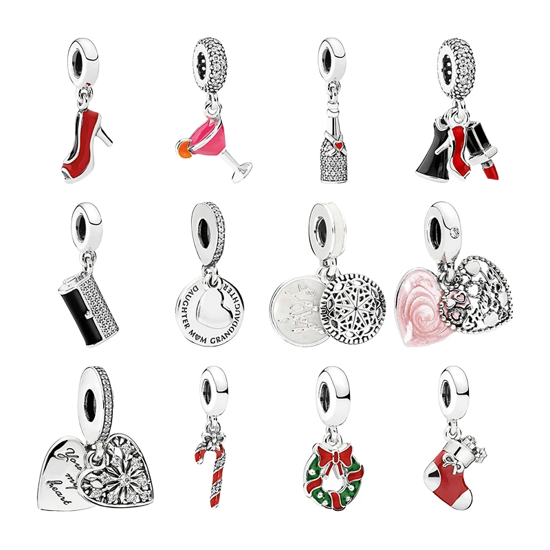 Silver 925 Pendants Charms For Women Bracelets DIY Stiletto Cocktail Clutch Bag Love Yoga Christmas Candy Cane Wreath Stocking