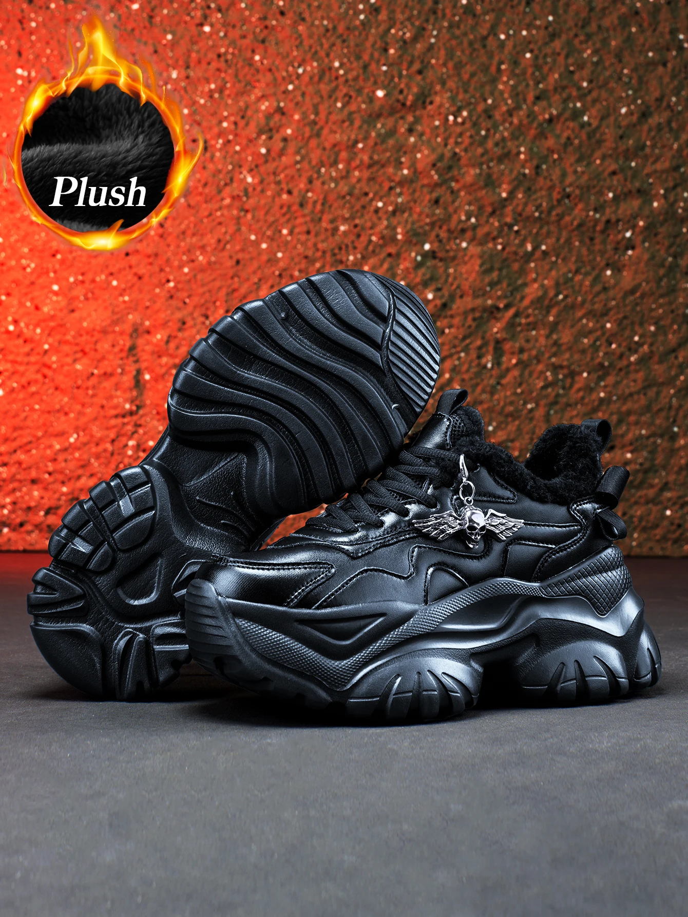 Women's Winter Outdoor Fashion Dad Shoes, Eva Lightweight Thick-Soled, 7cm Height Increase, Casual Sneakers, with Punk-Style Silver Angel Skull Detachable Charm, Comfortable and Warm Black Shoes for Daily Wear - view 5