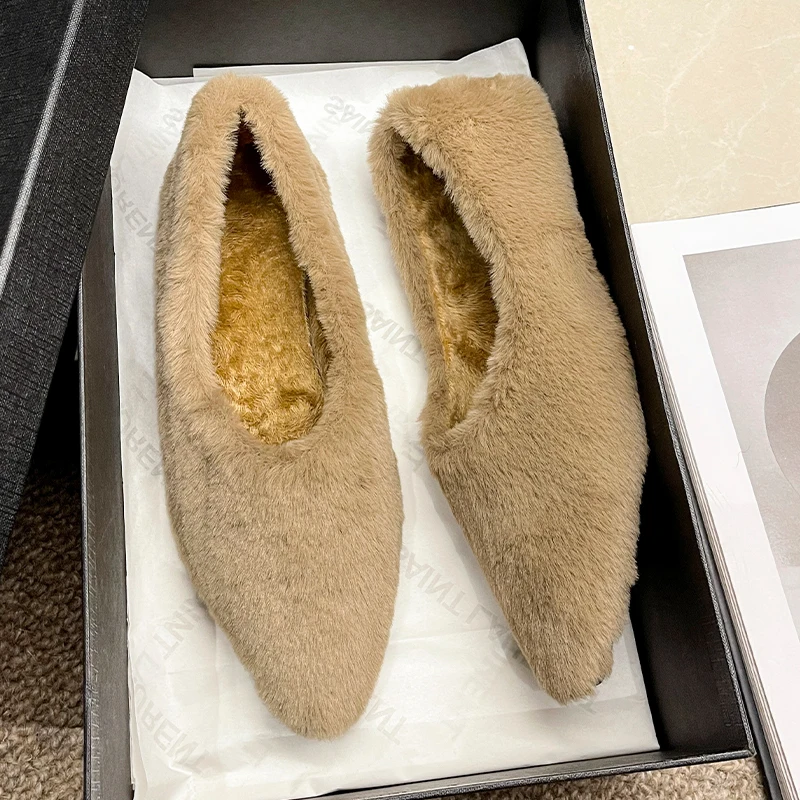 Women Fur Slippers Warm Mules Shoes Casual Mid Heels Boots New Pointed Toe Plush Slingback Flip Flops Cotton Boots