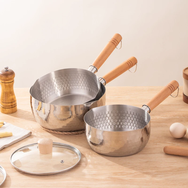 

Кастрюля из нержавеющей стали с крышкой Ручка из массива дерева с крючком Многофункциональная кастрюля для соуса с носиками, кастрюля для соуса, кастрюля для приготовления пищи