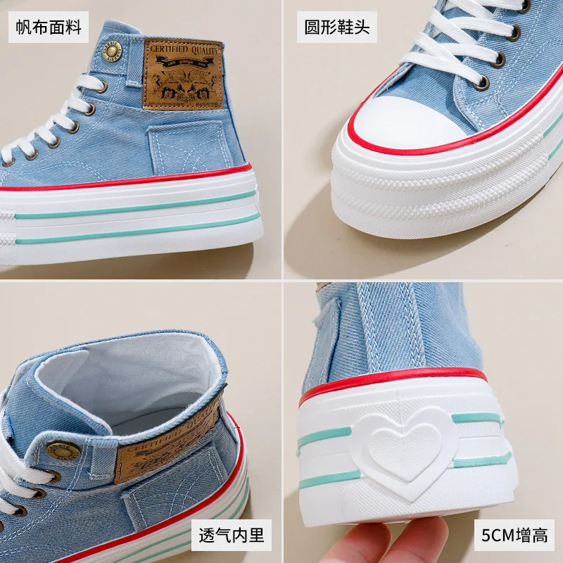 35-40 Women Denim Short Boots Thick Sole 5CM Height Increasing Female Canvas Shoes High Top Lace Up Patchwork Upper All Match image 6