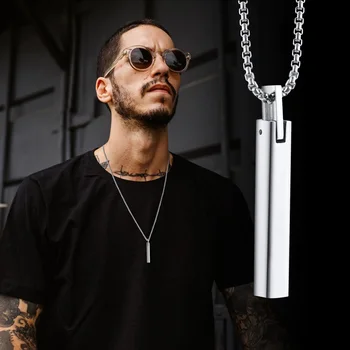 男性用防水3D垂直バーネックレス、ボックスチェーン付きミニマリストステンレススチール幾何学ペンダント、男性首輪ジュエリー