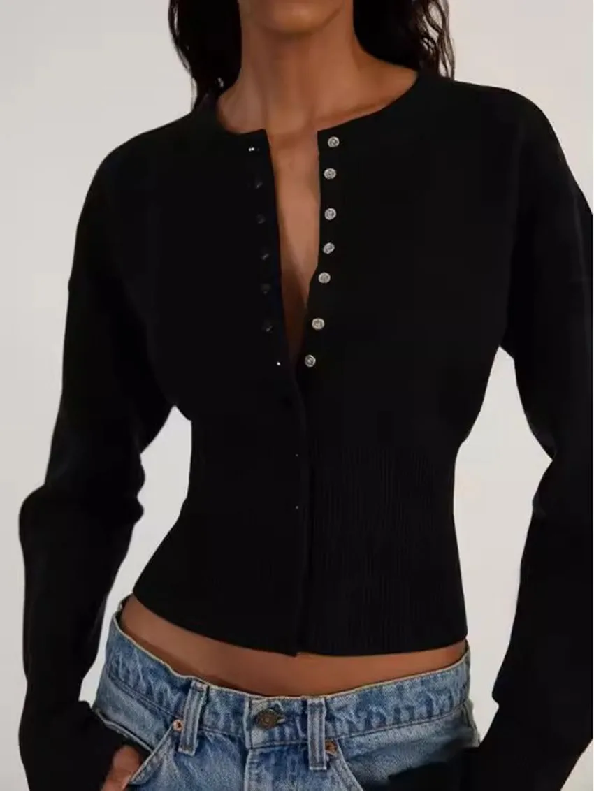 

Women's High Waist Round Neck Single Breasted Cardigan Solid Long Sleeve Short Sweater Top Autumn Slim Bottoming Shirt