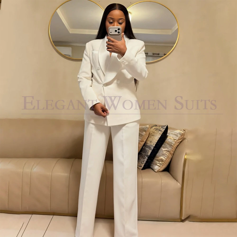 

White Double Breasted Shawl Lapel Women's Suits Elegant Regular Length Office Lady Blazer High Quality Female Clothing Outwear