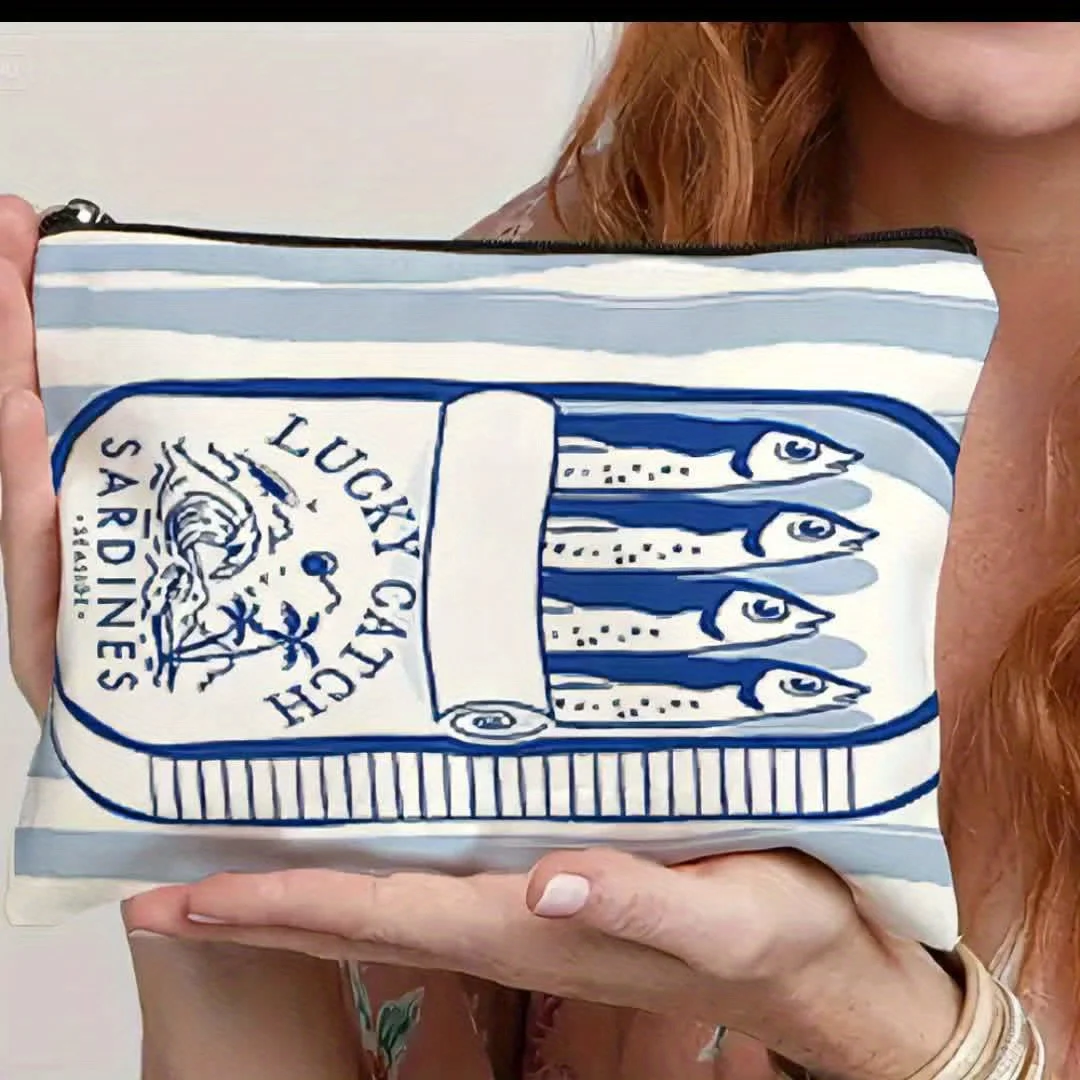 Sardinas retro peixe impressão saco cosmético-grande capacidade leve organizador de maquiagem de viagem vibrante laranja azul saco cosmético