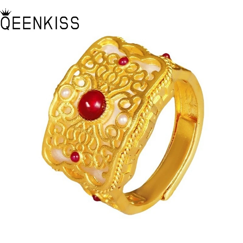 

QEENKISS 24KT Gold Vintage Square Ring For Women Jewelry Wholesale Wedding Party Birthday Bride Mother Girlfriend Gift RG5205