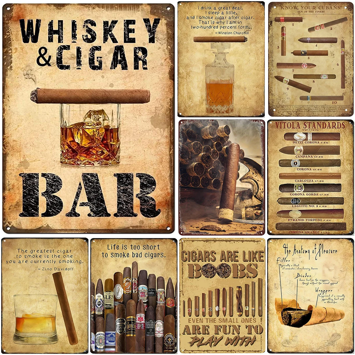 Metal Tin Signs Whiskey Cigar Bar Wall Decoration Plaque Vintage Art Poster Iron Painting for Man Cave Home Cafe Garden Club