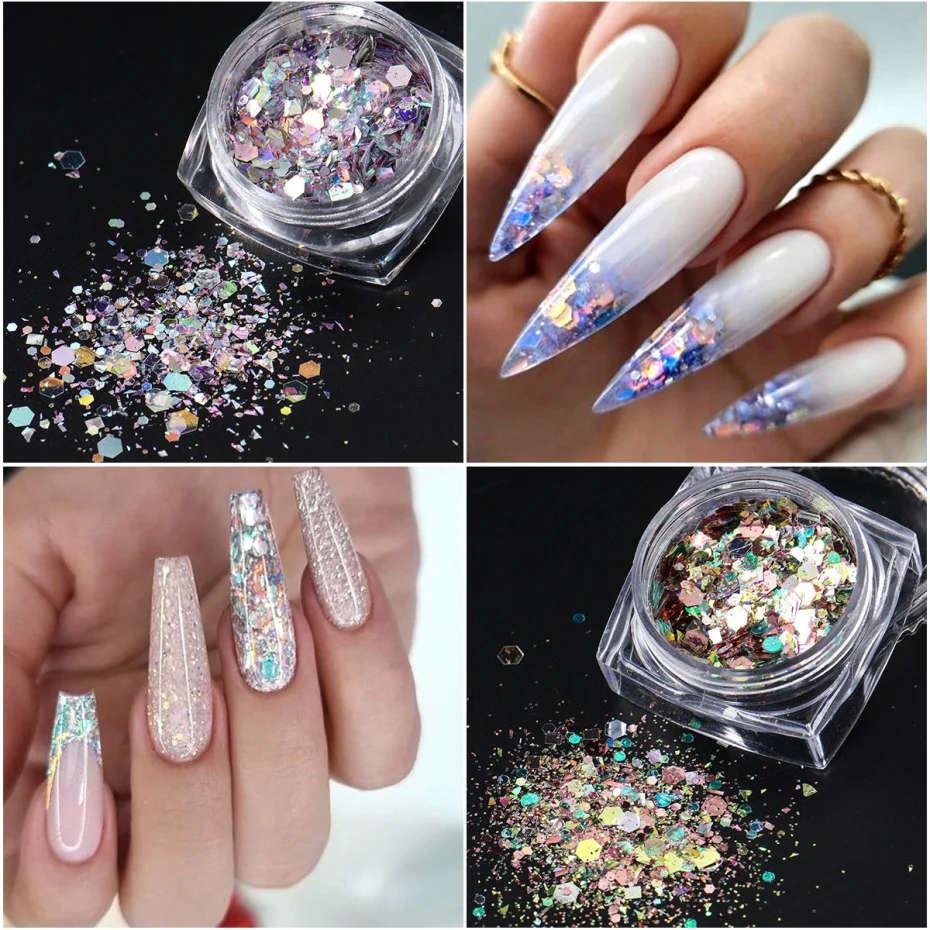 Iridescente Prego Glitter Pó Lantejoulas, Espelho Hexagonal, Irregular 3D Flocos, Holográfica Art Decor, Sereia Flocos, Y2K, 12 Box