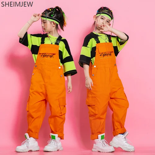 Imagen 2 del producto Traje de baile de Hip Hop para niños y niñas, traje de baile de Jazz, monos para actuación en escenario, camiseta verde y naranja