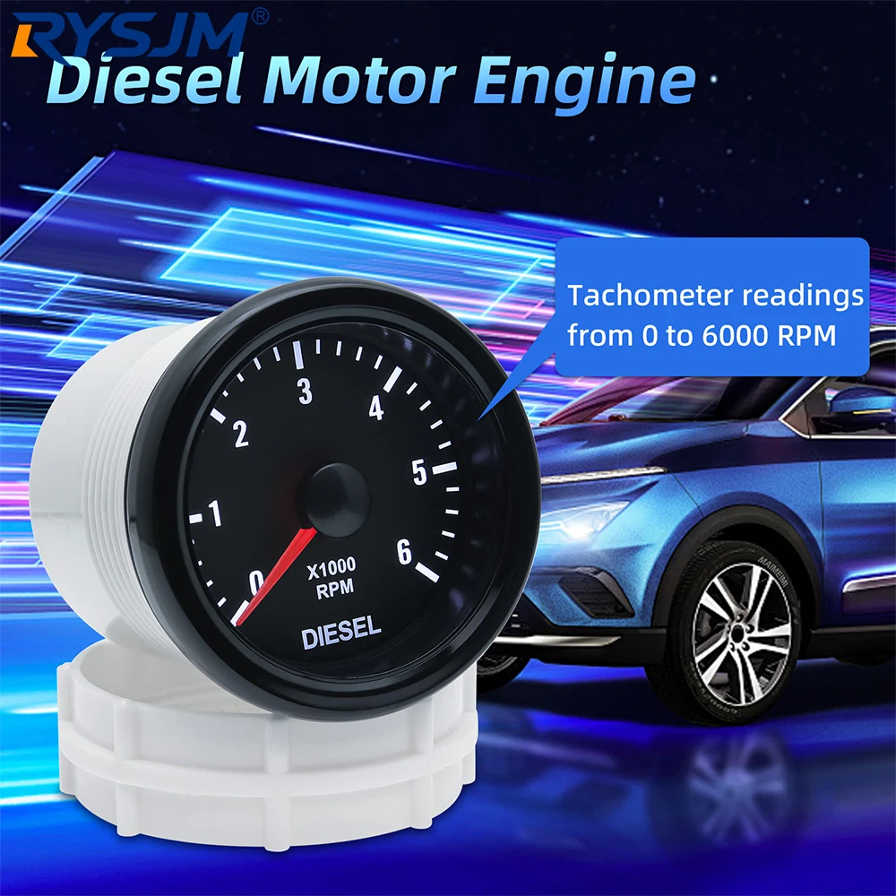 12V Universal 52MM REV Counter Tachometer Gauge 0‑6000 RPM White Backlight Tacho Meter For 1‑20 Cylinders Diesel Vehicles
