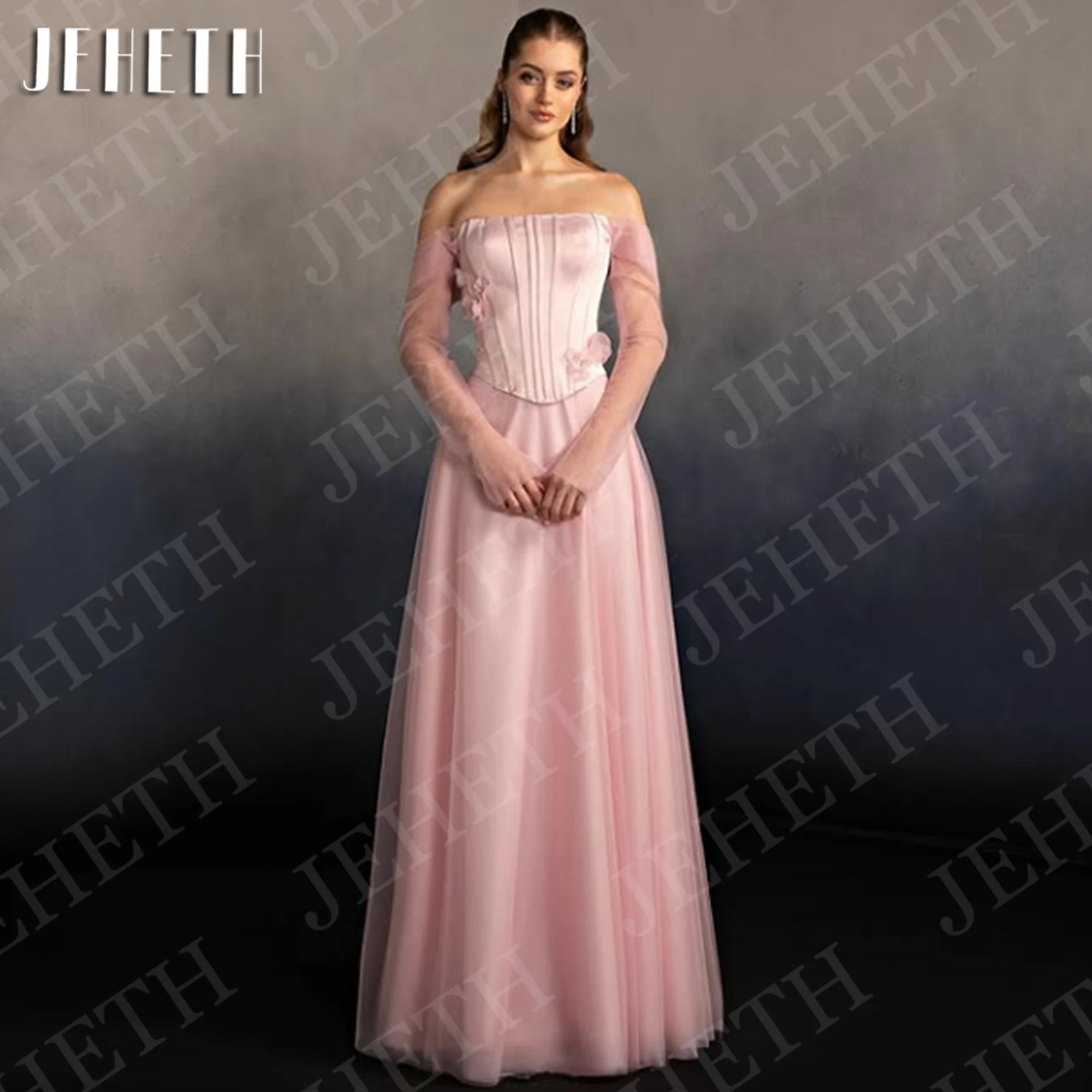 

JEHETH Evening Dress Pink Tulle Long Sleeves Elegant Off Shoulder 3D Floral A Line Prom Dresses Woman Customized robes de soirée
