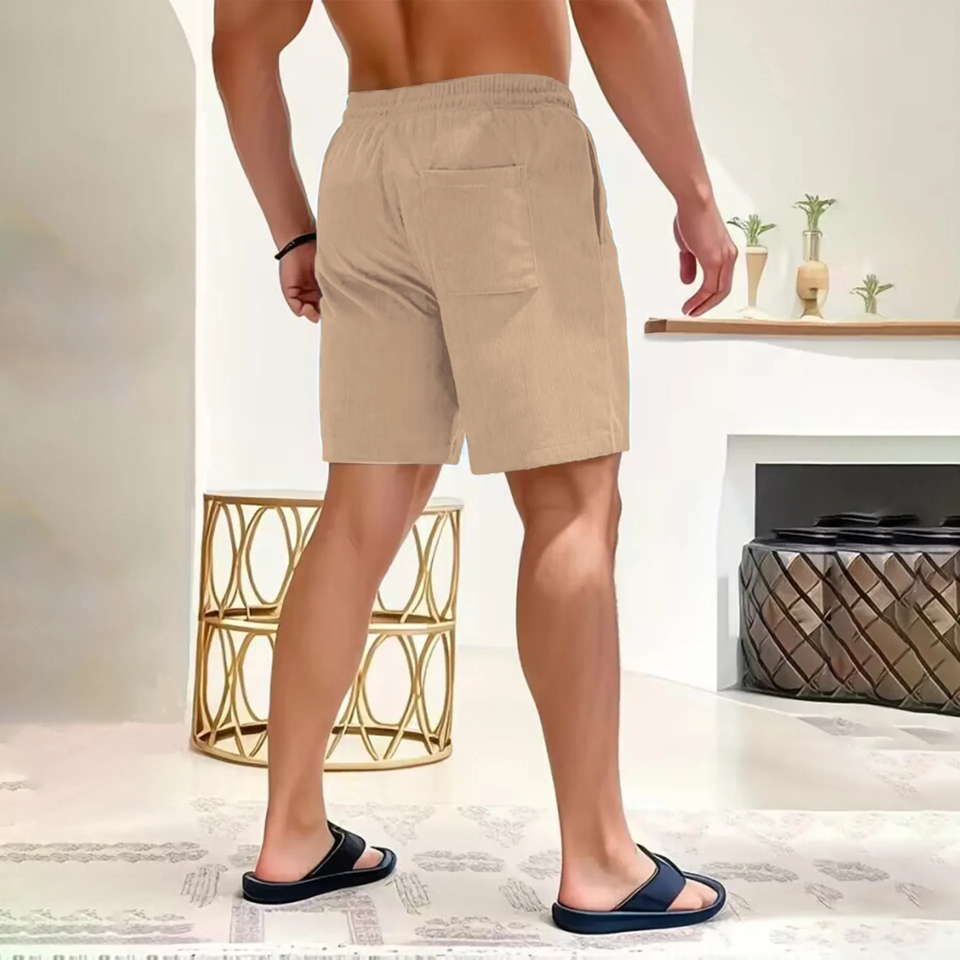 Verão nova cor sólida rendas sweatpants veludo simples trimestre shorts masculinos calças casuais