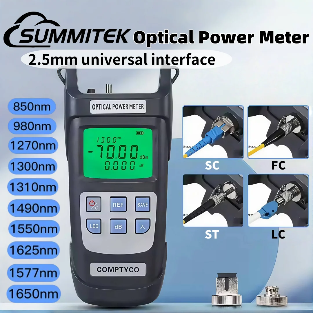 

Измеритель мощности оптоволокна SUMMITEK -70~+10 дБм/-50~+26 дБм Инструмент для тестера оптоволокна FTTH с 30/60 МВт VFL