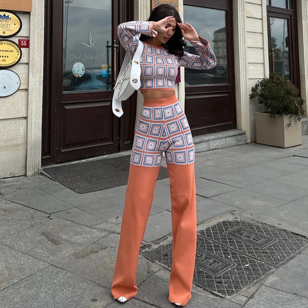 

Women's High-waisted Straight Trousers Suits Tracksuit Autumn Winter Bohemian Ethnic Style Printed Plaid Long-sleeved Short Top