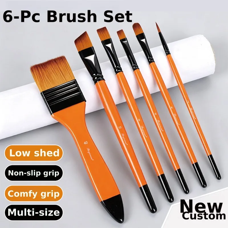 6Pcs Mixed Head Paint Brush Kit Nylon Bristles for Watercolor Acrylic Oil Pigment Drawing Specialized Art Student Craft