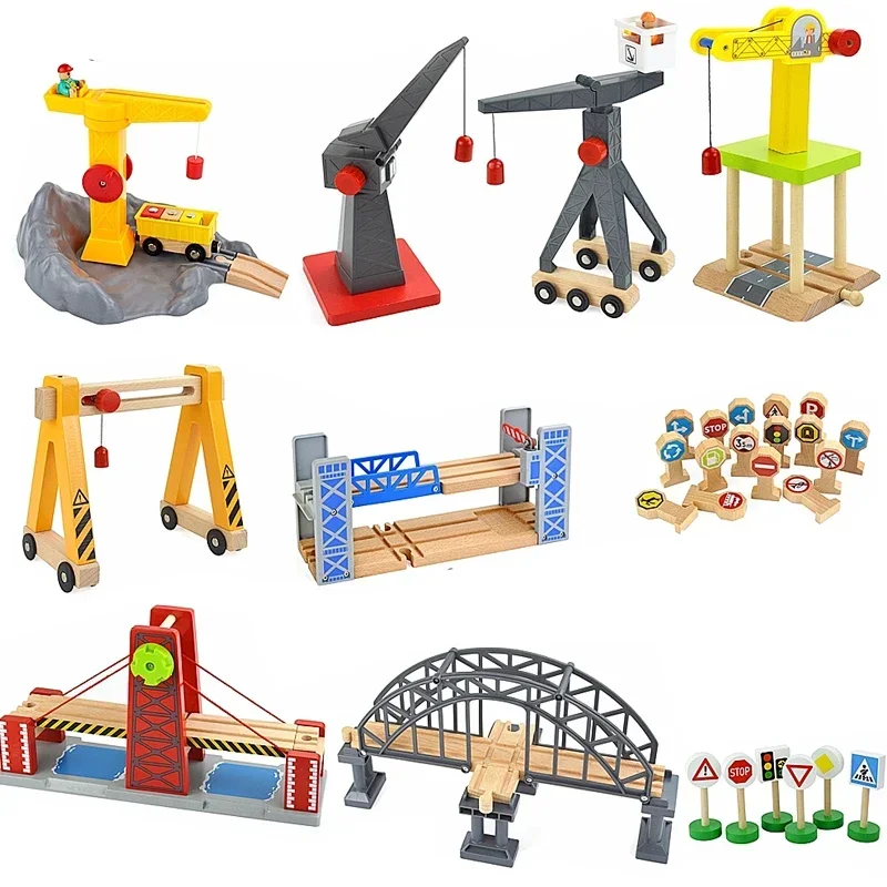 Wooden Train Track Racing Railway All Kinds of Bridge Track Accessories Fit for Biro Wood Tracks Toys for Children Gift Crane