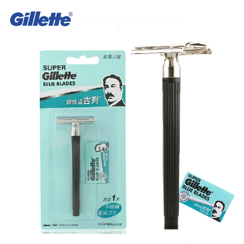 Gillette Super Blue rasoio da barba portacoltelli + lame ufficiali autentici rasoi sicuri cura del viso per gli uomini rasatura manuale con regalo