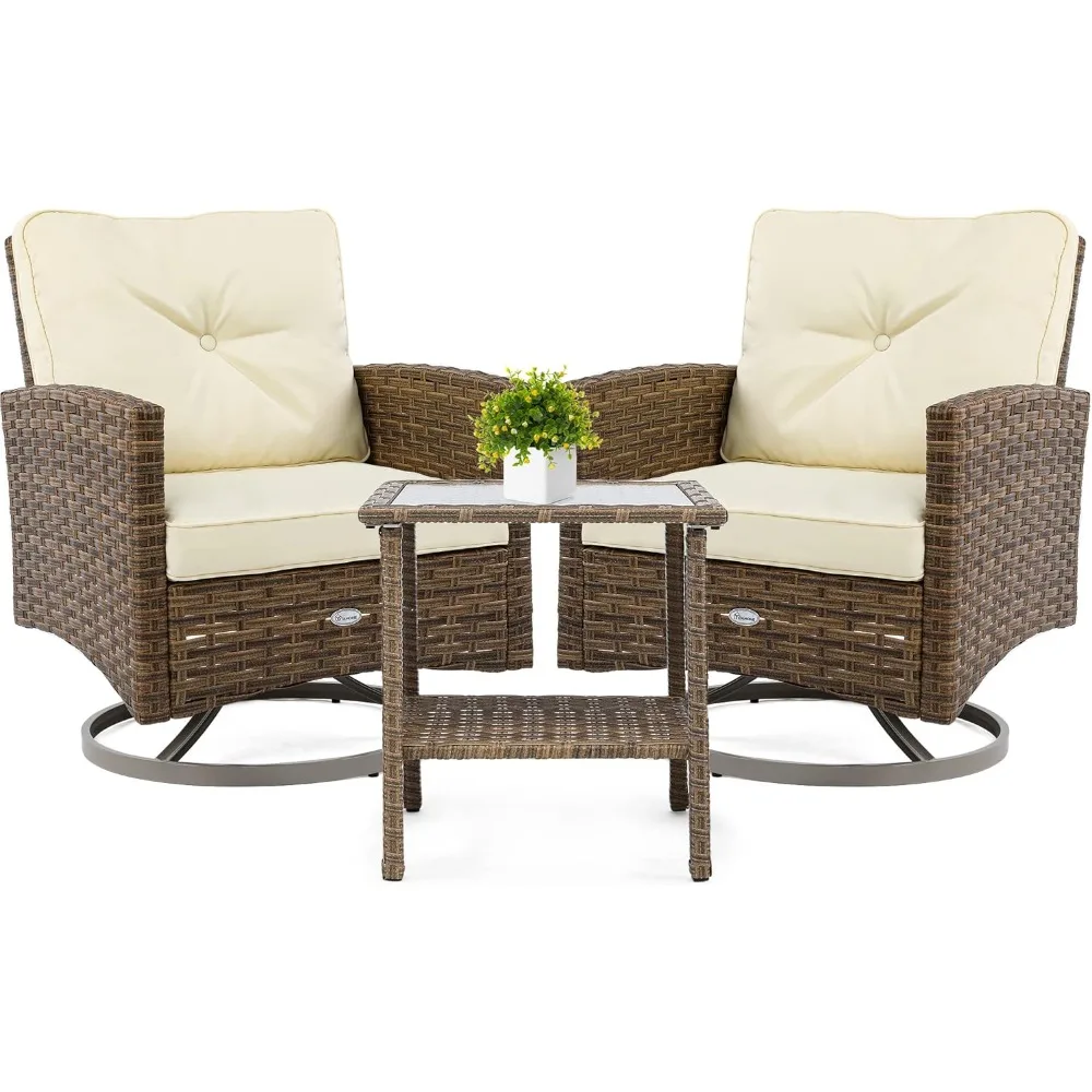 3-Piece Patio Wicker Swivel Chairs, Outdoor Small Furniture Rocking Coversation Chairs with Soft Cushions, Side Table