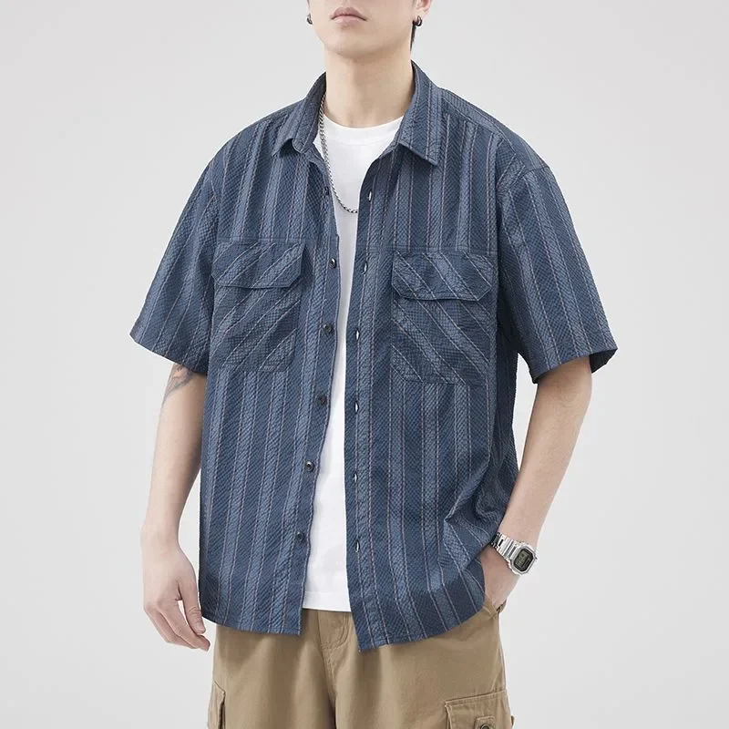 

Men Summer Thin Striped Short Sleeve Shirt Casual Loose Fashion Pocket Blouse