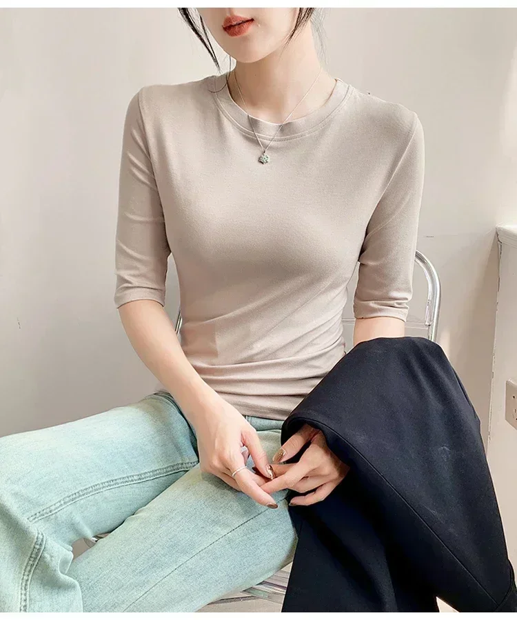 2026 Basic Einfarbiges Kurzarm-T-Shirt mit Rundhalsausschnitt, Eng Anliegend, Sommerliches Casual-Oberteil für Damen, Y2K Vintage Top, Harajuku Streetwear – Detail 26