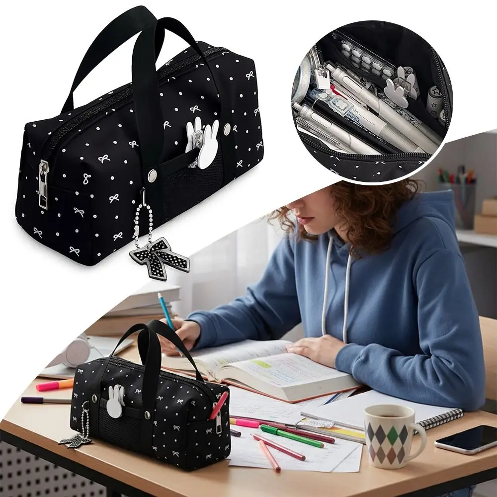 Black Polka Dot Pencil Case Multi-functional Large-capacity Stationery Bag Bow Pattern Stationery Organizer Students Gift