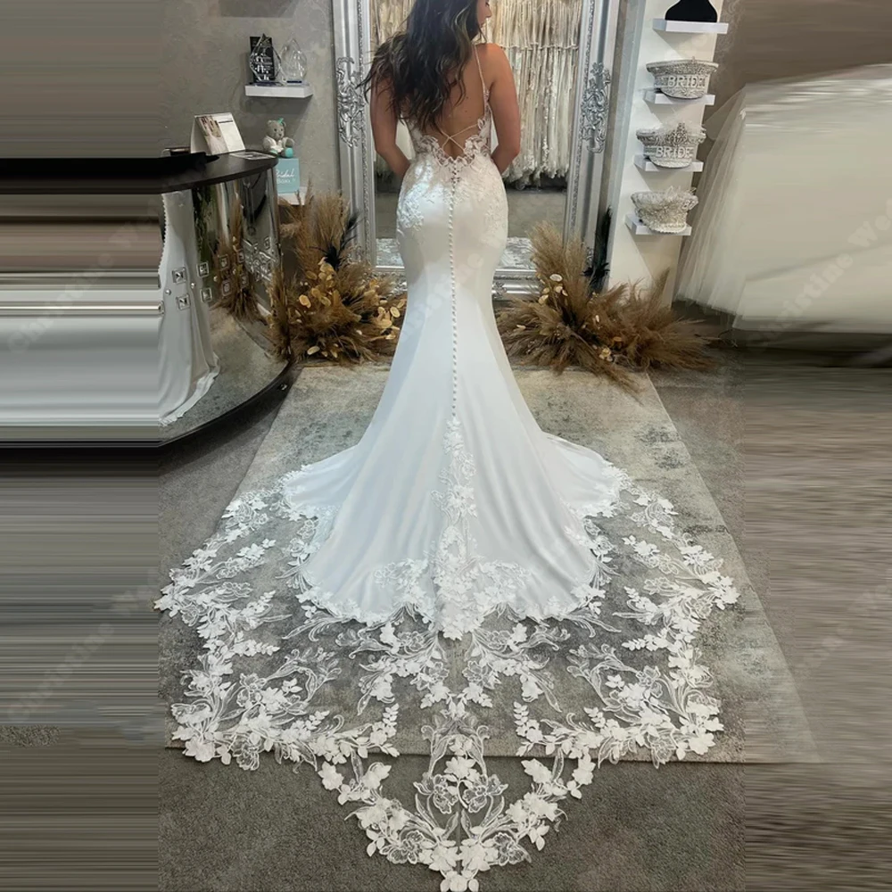 Elegant Women Women Wedding Dresses Sexy V-Neck Lace Printing Mermaid Robes Mopping Length Princess Vestido De Novias Customized