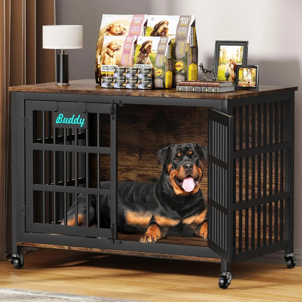 

48"/42"/33" Dog Crate Furniture with Name Tag, Heavy Duty Dog Kennel Indoor for Large Dogs, Escape-Proof and Chew-Proof Dog Cag