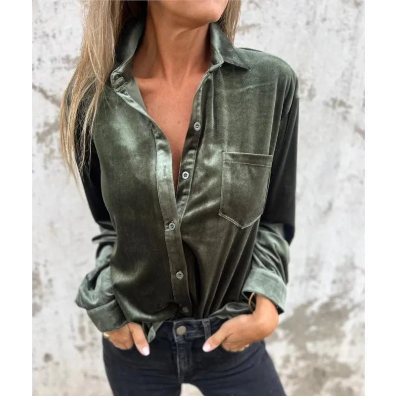 New casual gold velvet shirt 2024 solid color splicing long sleeved single breasted versatile top loose base shirt for women