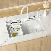 Digital Display Feiyu Waterfall Kitchen Sink 304 Stainless Steel Vegetable Wash Basin Nano Handmade Milk White Large Single Tank