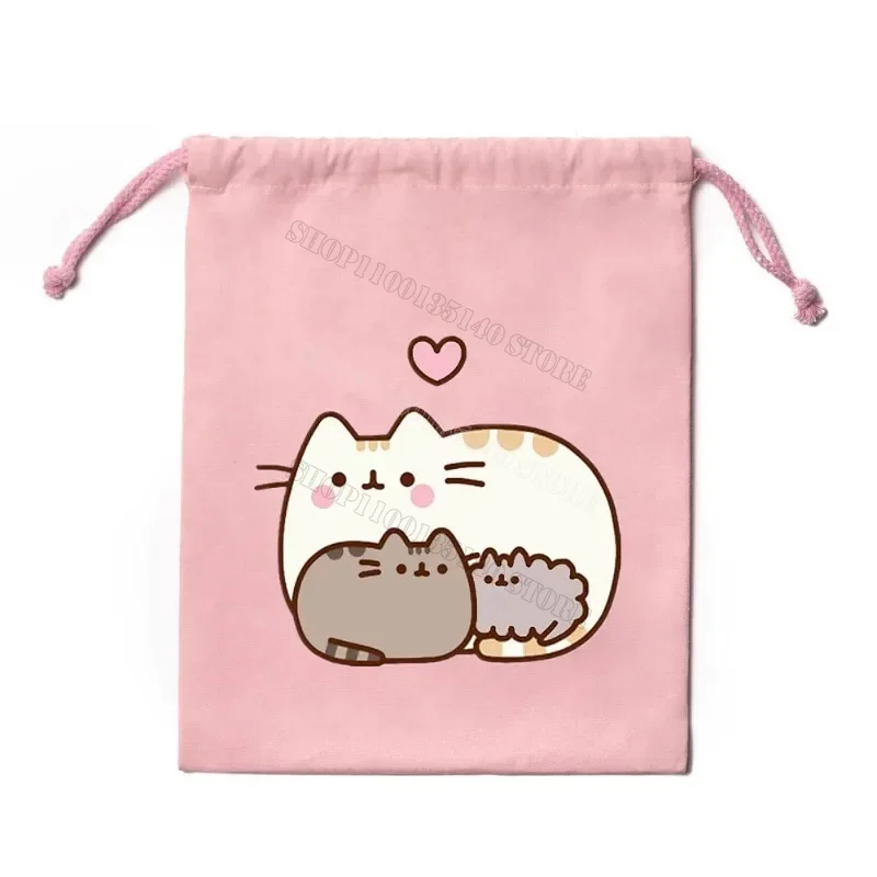 Pusheen Cat Canvas Drawstring Bag Cartoon Printed Cute Drawstring Handbag Anime Travel Outdoor Storage Bag Child Christmas Gifts