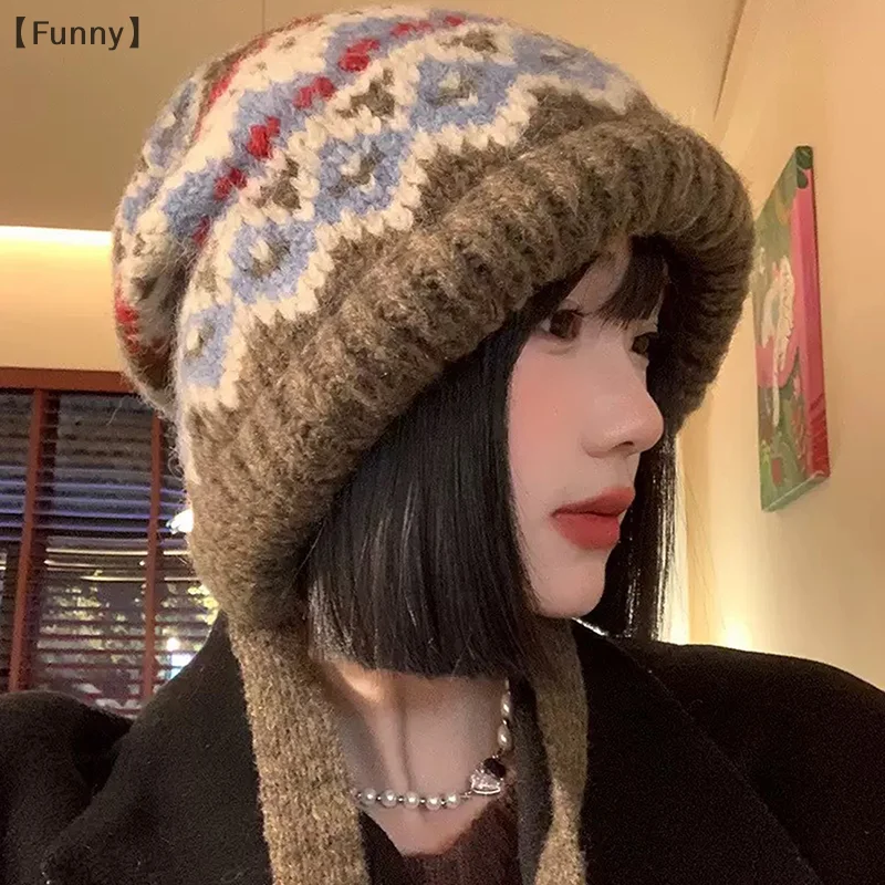 여성용 니트 모자 울 혼합 레트로 울 모자 따뜻하게 유지하는 빅 헤드 사이즈 방한 모자 남성용