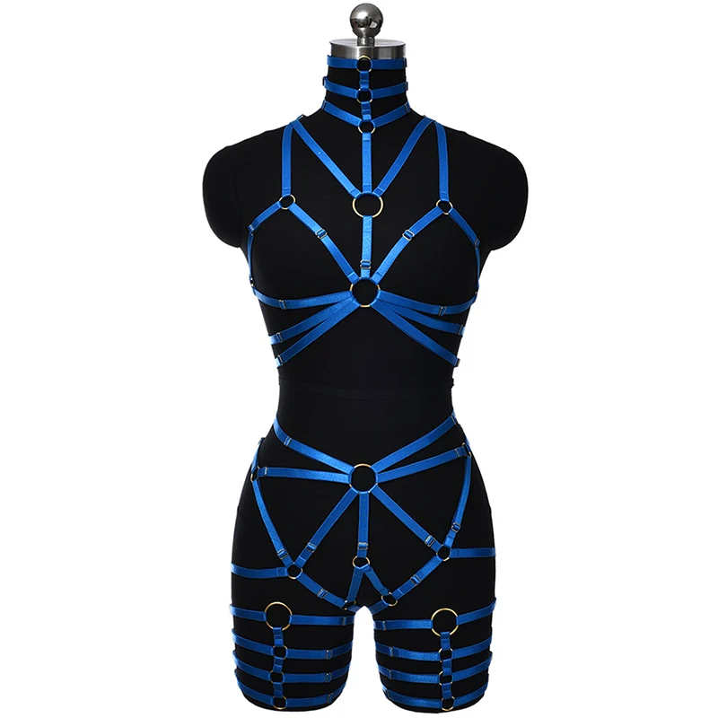 Women Blue Body Harness Lingerie Cage Bondage Stockings High Waist Garter Belt Dance Sexy Suspender Adjustable Harness Bra