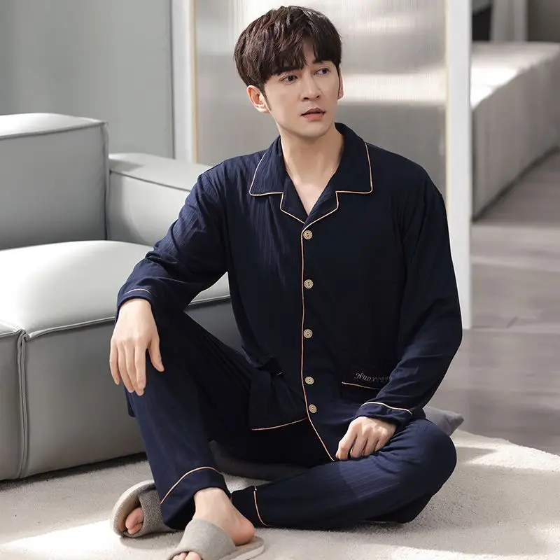 

Мужской пижамный комплект из хлопка больших размеров с длинным рукавом, весна-осень 2026, свободный крой, в корейском стиле, для сна и дома