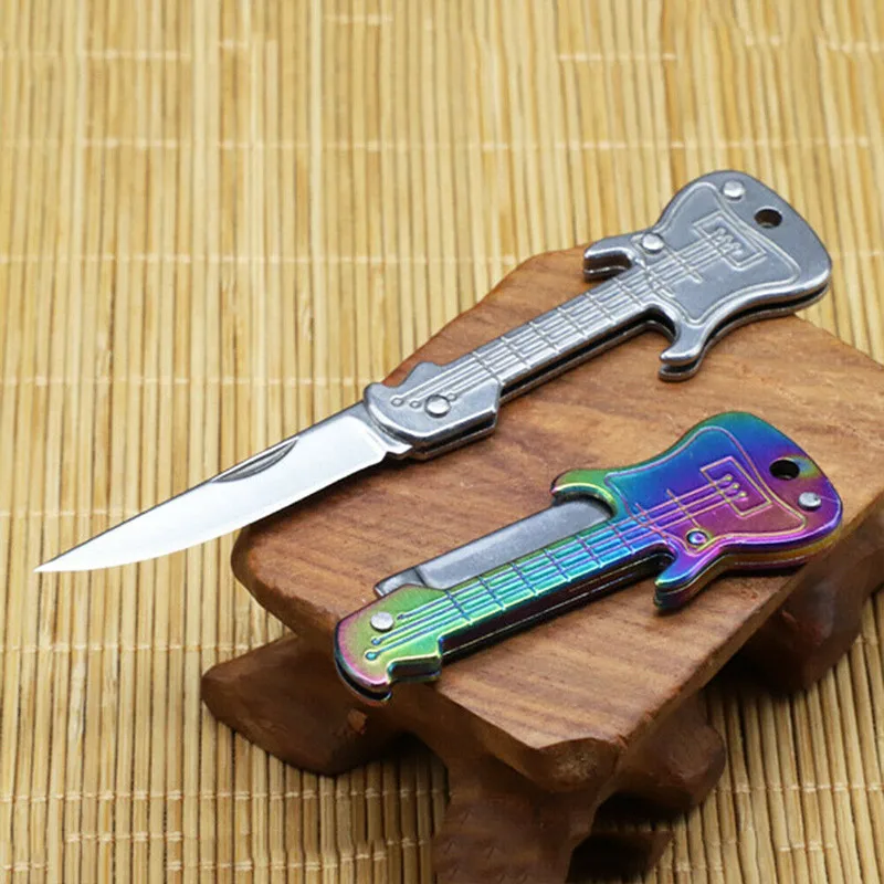 1PC Stainless Steel Folding Knife Guitar Shaped Portable Camping Hiking Travel Pocket Knife Outdoor Self Defense Survival Knife