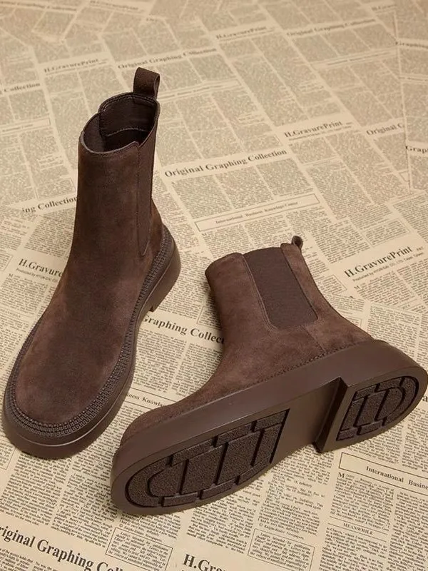 

Retro Thick Bottom Chelsea Short Boots Women's New Brown Matte Boots Slim Fit Warm Winter Ankle Boots Side Zipper