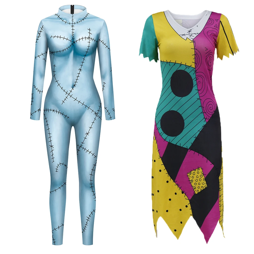 Cosplay Film Nightmare Christmas Sally Kleid Leggings Set Zentai Bodysuits Damen Gruselige Sally Verkleidung Halloween Party Kostüm – Detail 4