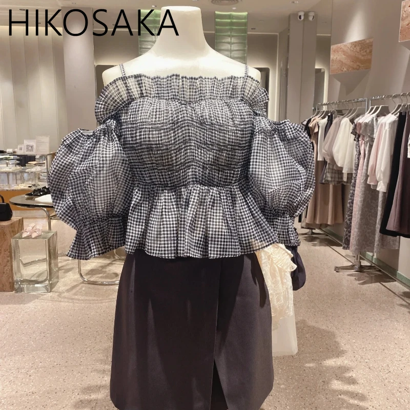 

Japan Style Sweet Chic Vintage Plaid Blouse Fungus Puff Sleeve Camis Shirts Summer New Sexy Off Shoulder Elegant Blusas Mujer