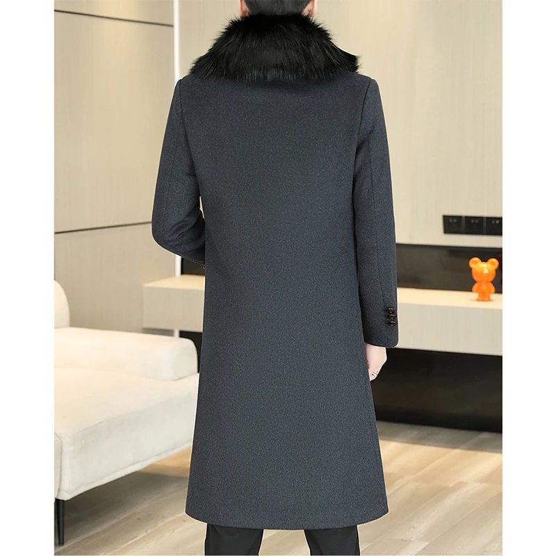 Classic 2024 Winter Men's Solid Woolen Coats Outwear Casual Fur Collar Detachable Long Wool Windbreaker Jackets Thick Top Trench