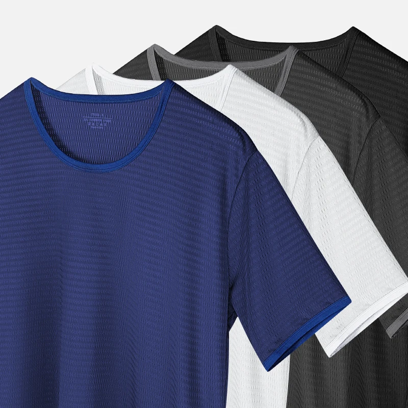 5PCSSالصيف الحرير الجليد سلس الرجال قصيرة الأكمام بلون جولة الرقبة نصف كم تي شيرت، الصيف رقيقة أعلى، طبقة القاعدة، سليم