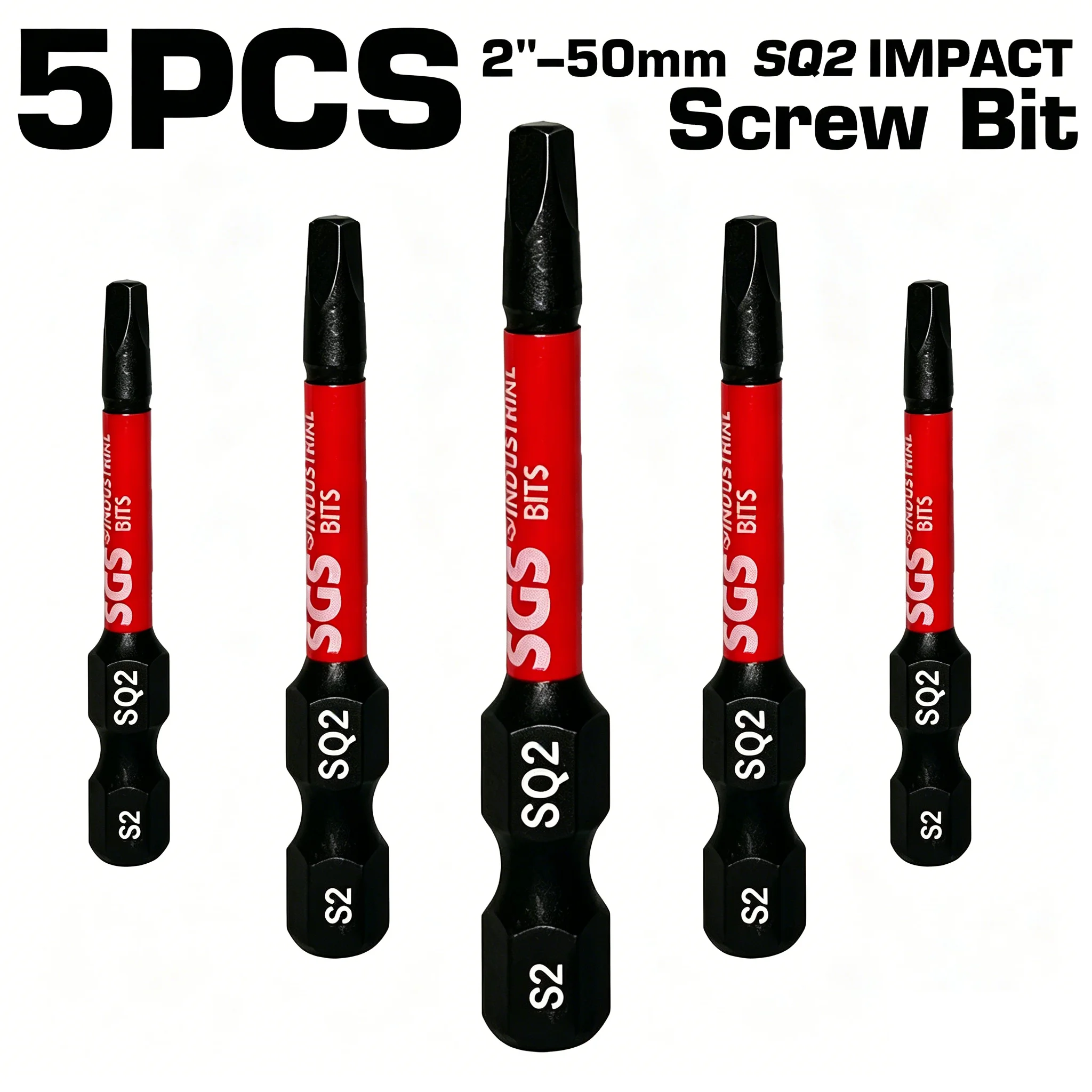 5/10 Pieces Pack 50mm Sq2 Square Head Impact Bits S2 Steel High Hardness Magnetic Anti-Slip Bits for Woodworking and Decoration