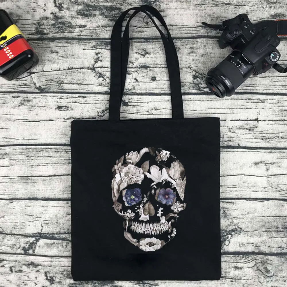 Skull Print 2022 Ladies Handbag Cloth Canvas Tote Black Shopping Travel Women Eco Reusable Shoulder Shopper Student Shopping Bag