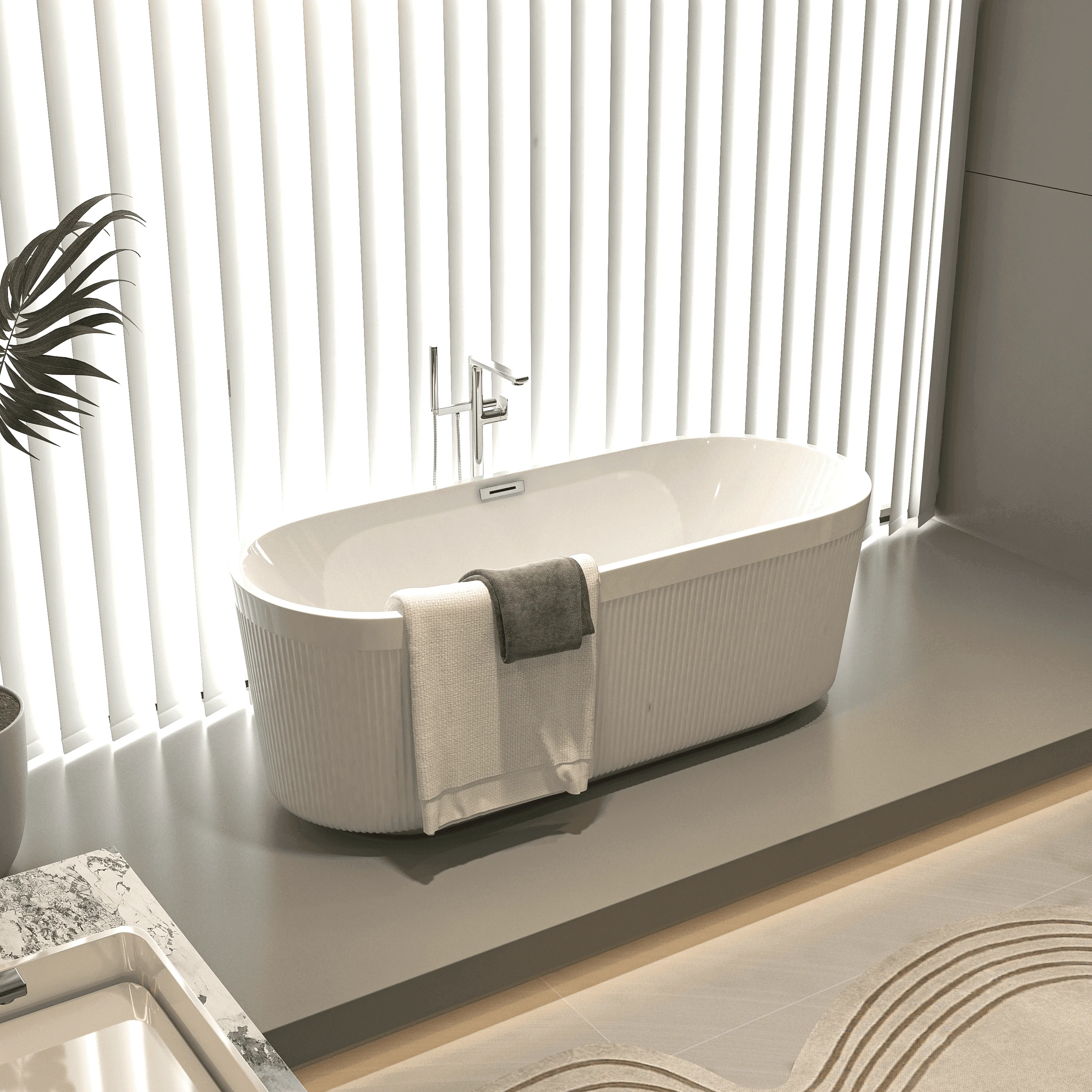 59 Inch Acrylic Freestanding Bathtub, Pleated Design, Glossy White, Brushed Nickel Overflow and Pop-Up Drain, cUPC Certified
