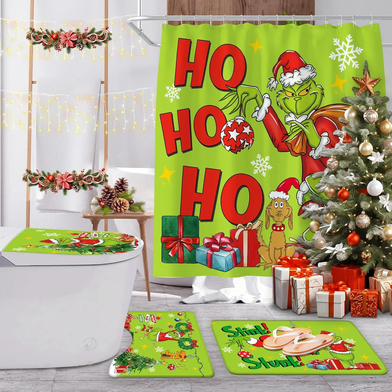 

KUHIO Рождественская занавеска для душа для ванной комнаты, Рождественский декор для ванной комнаты, Фестиваль из 4 предметов, Рождественский зеленый комплект, Нескользящий коврик, Туалет