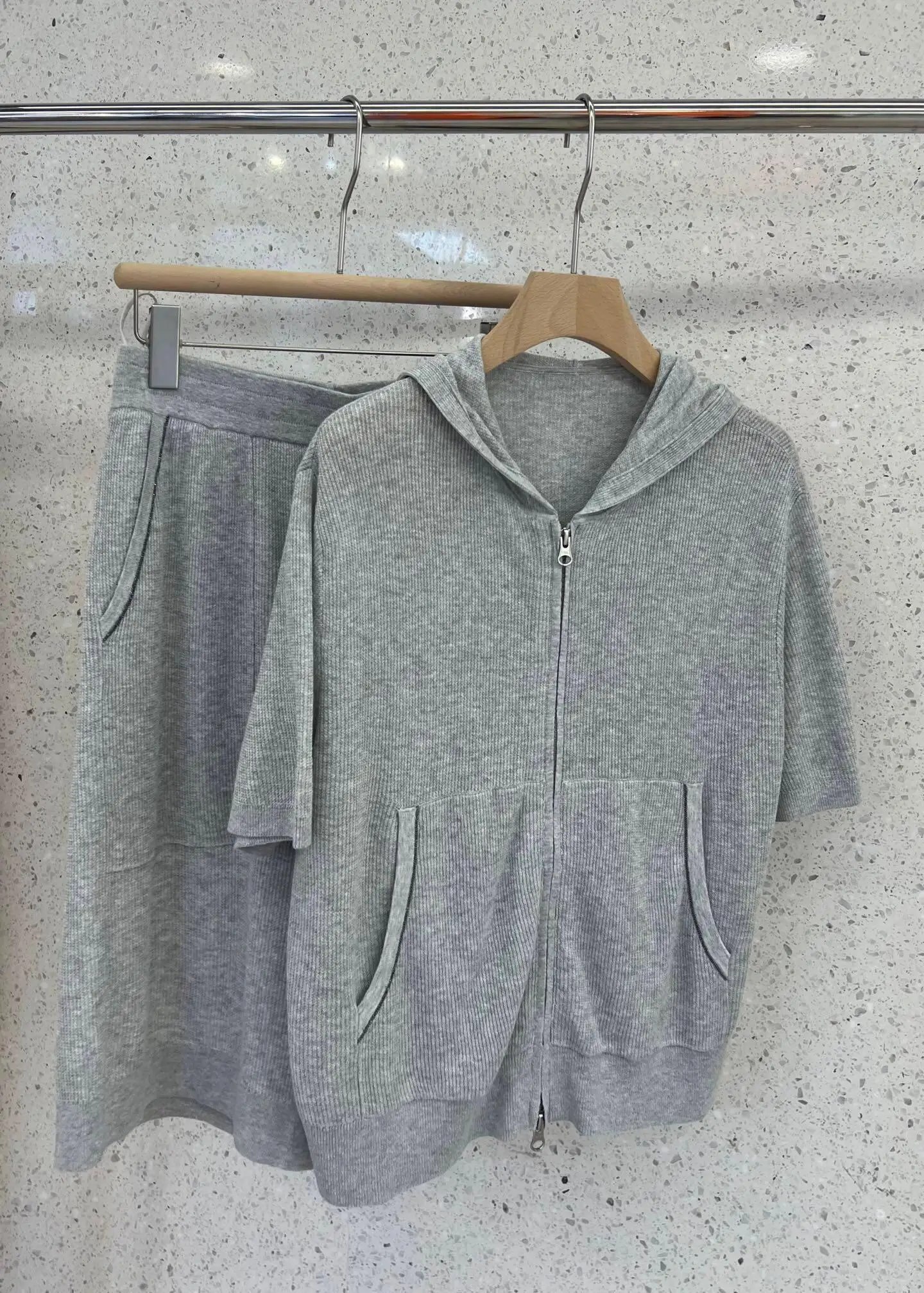 

Loose casual hooded zippered linen-silk knitted matching set for women